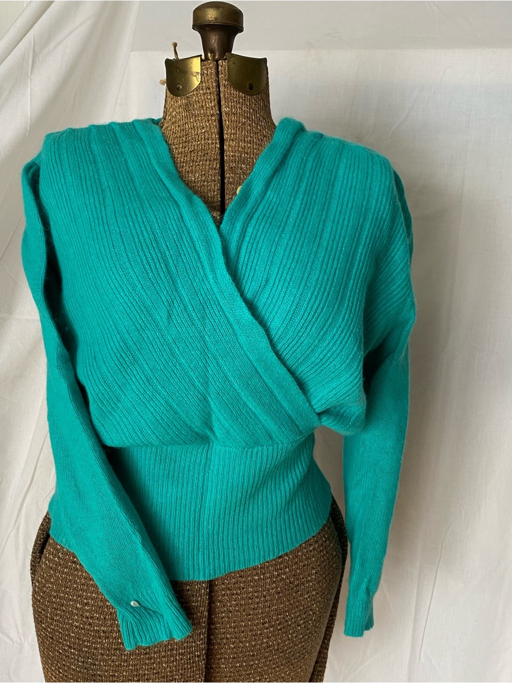 Vintage Teal Angora and Wool Wrap V-Neck Sweater